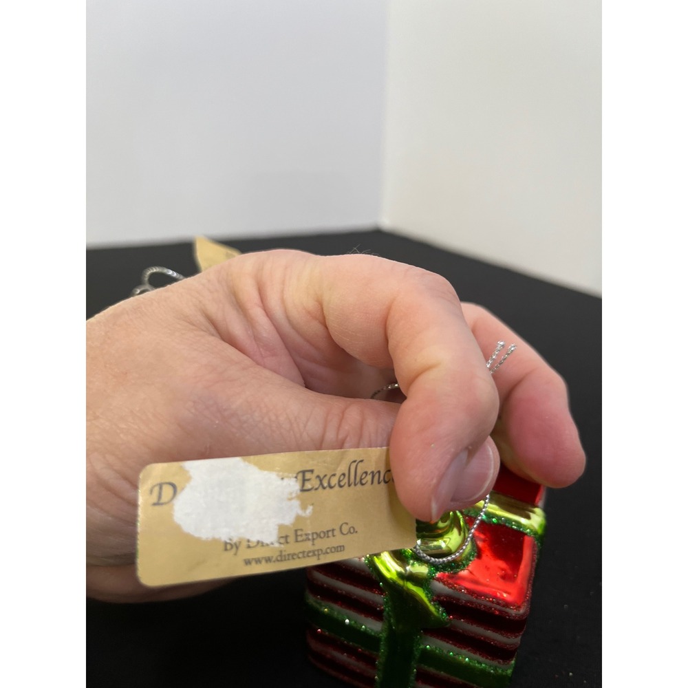 Direct Export Co Glass Gift Box Christmas Ornaments Red Green Striped Set of 2 - Picture 7 of 8